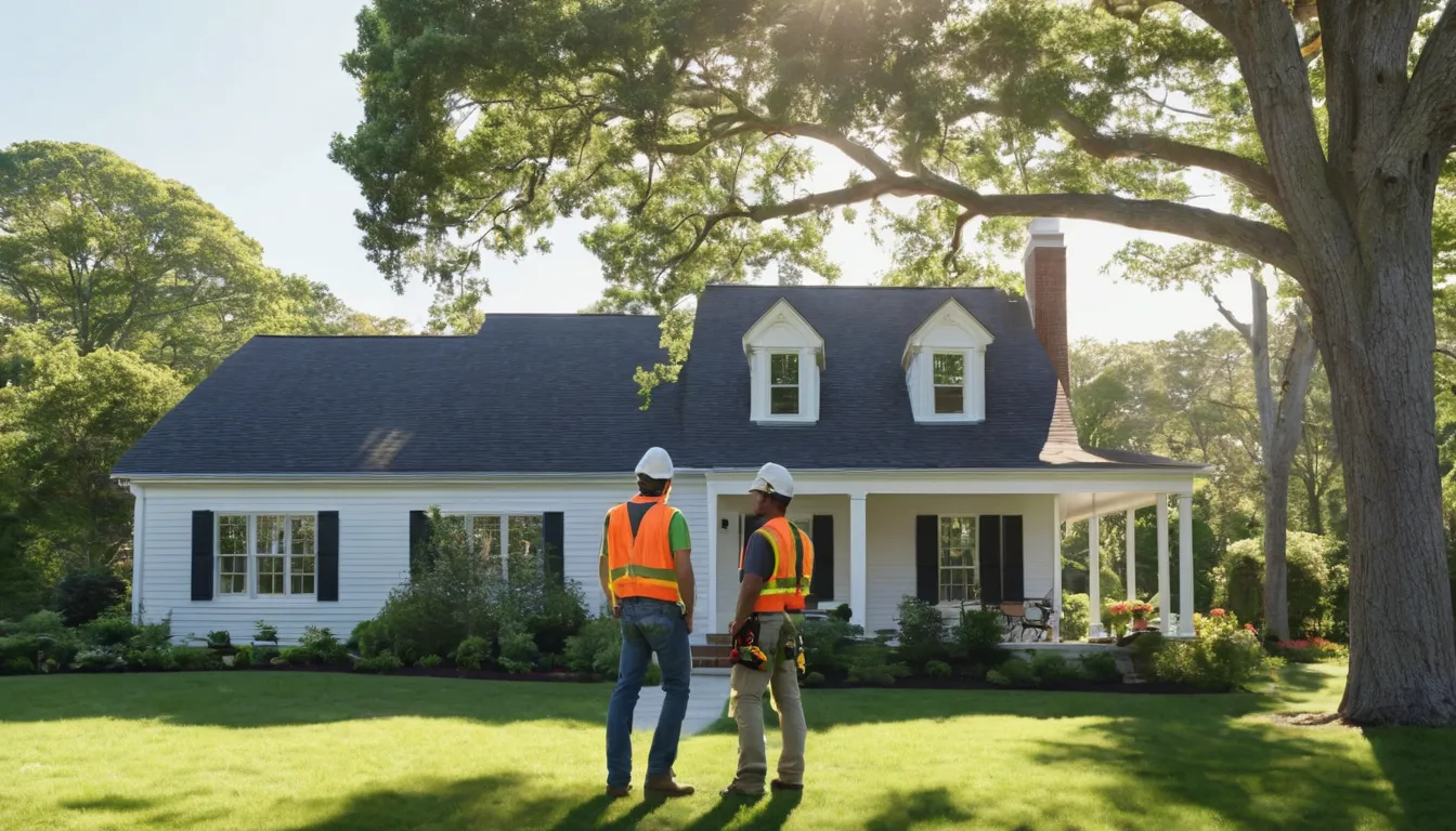 A tree removal provider planning work on a large tree beside a home in Taunton